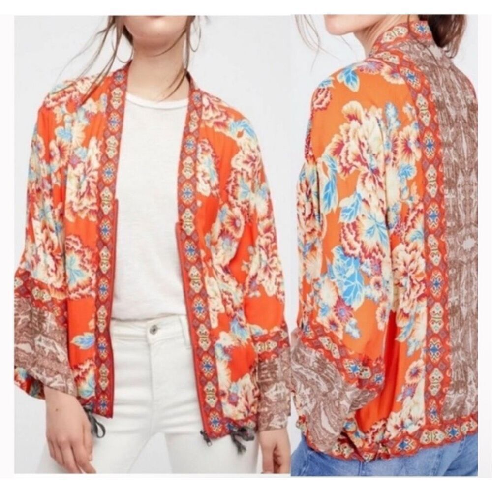 Free People floral print mix print chiffon zip front cinch tie  on hem Xs/S jack